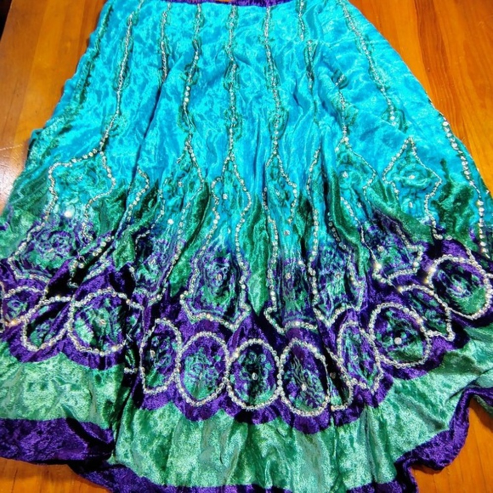 Fusion Women Teal Green‎ Purple Velvet Boho Maxi Skirt M L Beaded hippie